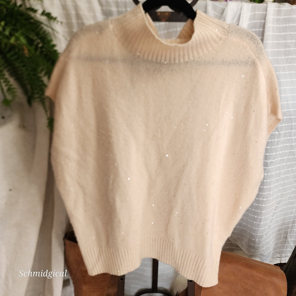 Max & Moi Sequin Cashmere Wool Blend Mock Neck Sweater Vest Beige Pink sz M